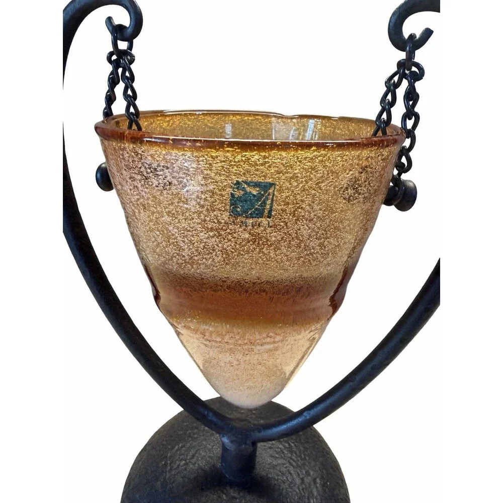 Vintage Amici Hand Blown Amber Bubble Glass Cone Vase Hanging Wrought Iron Stand